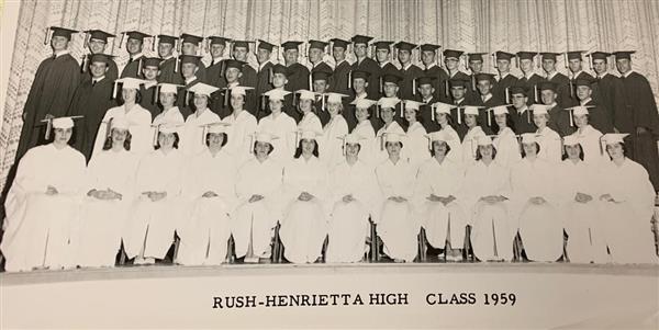 The graduates of the R-H class of 1959 are pictured all together in caps and gowns.